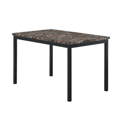 5-Piece Black Metal Dining Set, Faux Marble Top Table & 4 Dark Brown Faux Leather Chairs