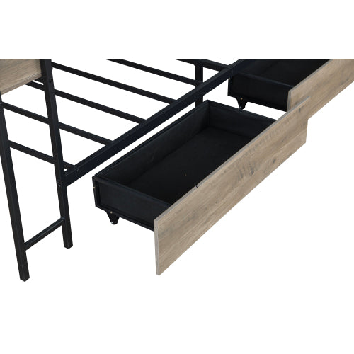 Corner Bed Frame Twin Size with Bookcase and 2 Underbed Storage Drawers, Modern Twin Bed with LED Light and Charging Station, Grey