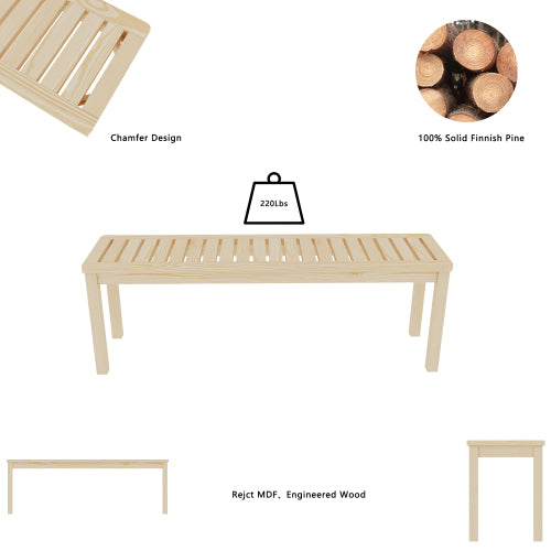 52.1" Outdoor Solid Wood Knot-Free Pine Backless Dining Swimming Pool Beach Bench with Slatted Seat – Modern Bench, Perfect for Patio, Backyard, Entryway, Hallway, Living Room, Bedroom, Front Door