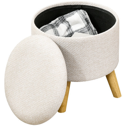 Cream White Round Linen Storage Ottoman, Cushioned Top Oak Leg Stool, 15.25 inch, 264 LBS Capacity
