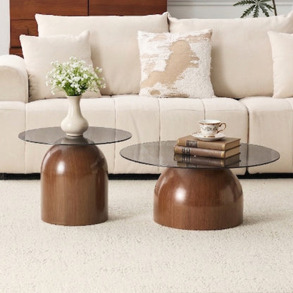 Set of 2 Walnut Nesting Glass Coffee Tables, Space-Saving Round Center Table