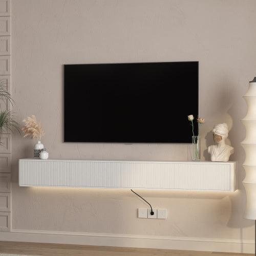 White Floating Wall Mount High Gloss TV Stand with 16 Color LED Lights & Power Outlet