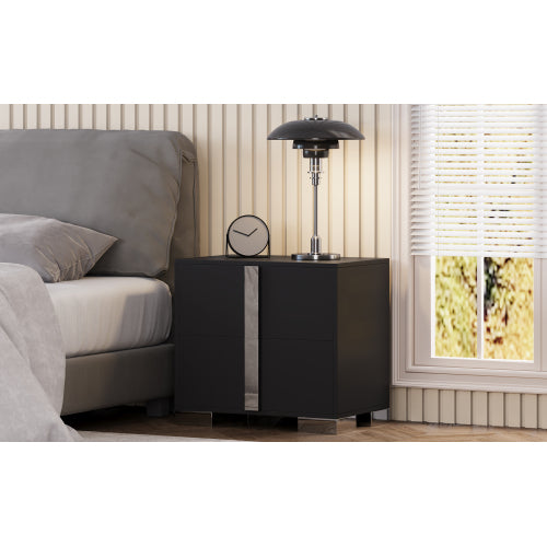 Modern End Table with Drawers, Elegant Nightstand with Metal Foot,Wood Bedside Table with Mirrored Metal Handles,Sofa Side End Table for Bedroom Living Room Office,Black
