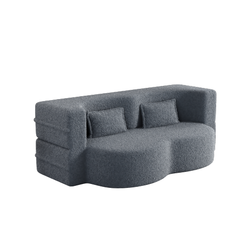 Grey Full-Size Convertible Sherpa-Fleece Floor Sofa-Bed 15 inch  Height with 2 Pillows No-Assembly Folding Mattress for Living-Room Play-Room