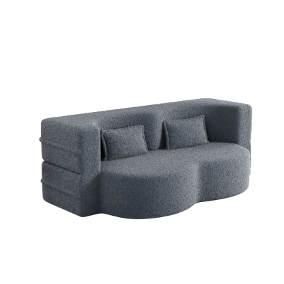 Grey Full-Size Convertible Sherpa-Fleece Floor Sofa-Bed 15 inch  Height with 2 Pillows No-Assembly Folding Mattress for Living-Room Play-Room