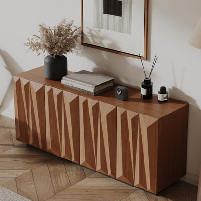 Walnut Mid Century Sideboard with 3D Geometric Doors