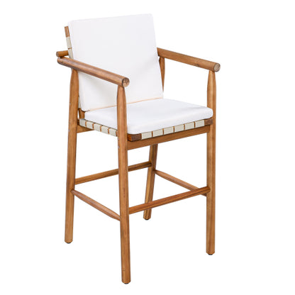 Outdoor Counter Height Bar Stools Chair Set of 2, Modern Patio Acacia Wooden Stools with Backrest Arm and Webbing Seat, for Patio, Pool, Garden, Beige Cushions Included