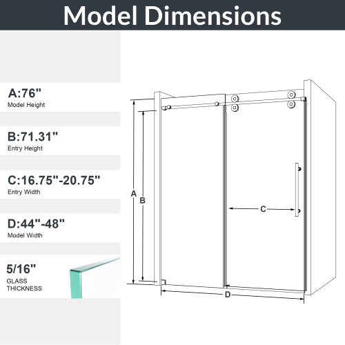 44"-48"W*76" H Frameless Single Sliding Shower Door – 5/16" (8mm) Clear Tempered Glass, Bypass Design with Matte Black Finish