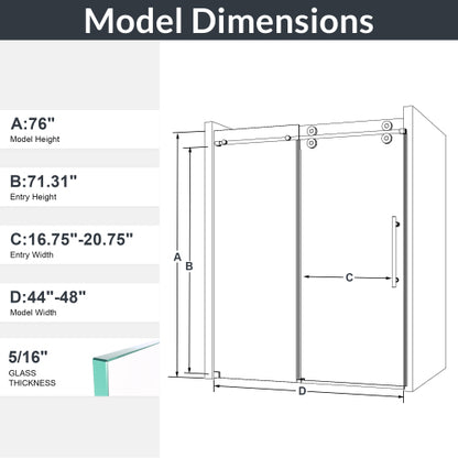 44"-48"W*76" H Frameless Single Sliding Shower Door – 5/16" (8mm) Clear Tempered Glass, Bypass Design with Matte Black Finish