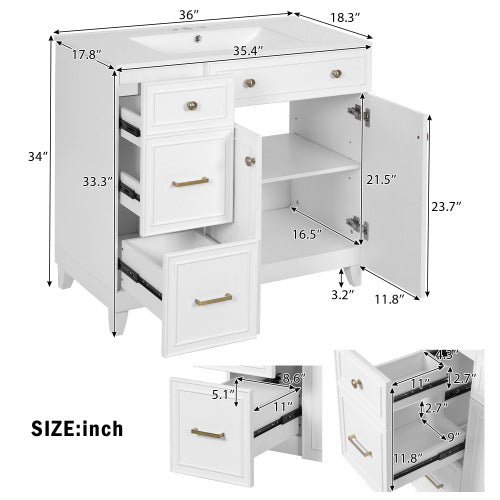 36" Bathroom Vanity with Ceramic Sink, Standard and Double-Layer Drawers, Soft Close Doors, Adjustable Shelves, Modern Storage Cabinet for Small and Medium Bathrooms