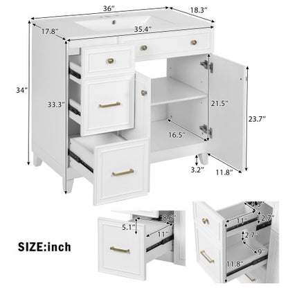 36" Bathroom Vanity with Ceramic Sink, Standard and Double-Layer Drawers, Soft Close Doors, Adjustable Shelves, Modern Storage Cabinet for Small and Medium Bathrooms