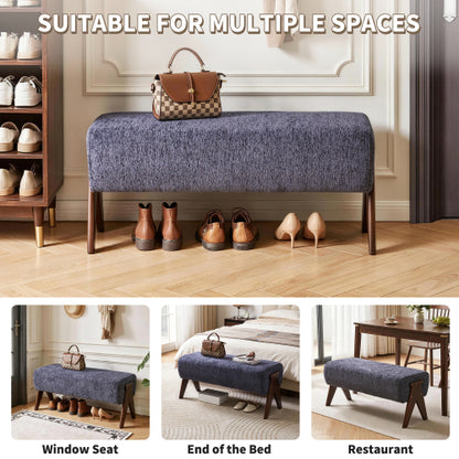 Chenille Upholstered Bench with Solid Wood Legs, Entryway Ottoman