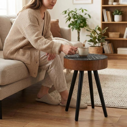 15.7inch  Mini Round Wooden Side Table, Black & Brown