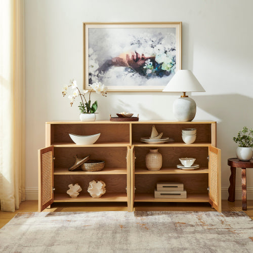 63 Inch Mid-Century Rattan Adjustable Storage Sideboard Buffet Cabinet
