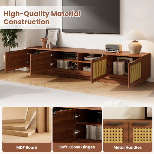78.74 inch Walnut 4 Door PE Rattan Legless TV Stand Large Hidden Storage Media Console For 85 inch TV