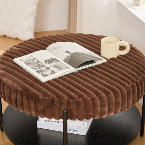 30.9 inch Round Faux Fur Ottoman Coffee Table with Storage Shelf