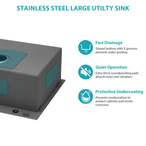 Laundry Sink Drop In - 25" x 22" x 12" Laundry Utility Sink 16 Gauge Stainless Steel Drop In Topmount Gunmetal Black 12 Inch Deep Single Bowl Above Counter Utility Laundry Room Sink Basin