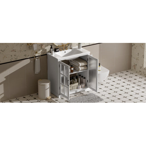 30" Modern Bathroom Vanity with Ceramic Sink, Bathroom Vanity Cabinet with Tempered Blurred Glass and Matte Black Handles, Equipped with Large Storage Space and Rubber Wood Frame, White