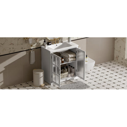 30" Modern Bathroom Vanity with Ceramic Sink, Bathroom Vanity Cabinet with Tempered Blurred Glass and Matte Black Handles, Equipped with Large Storage Space and Rubber Wood Frame, White