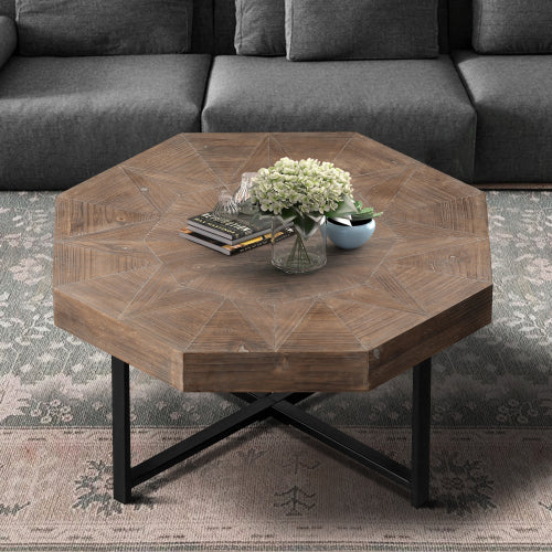 30 Inch Octagonal Patchwork Coffee Table, Antique Brown