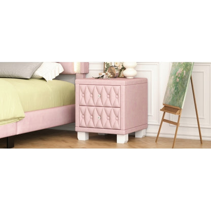 Elegant Velvet Nightstand with 2 Drawers and Crystal Handle, Storage Bedside Table with Button-Tufted, Pink