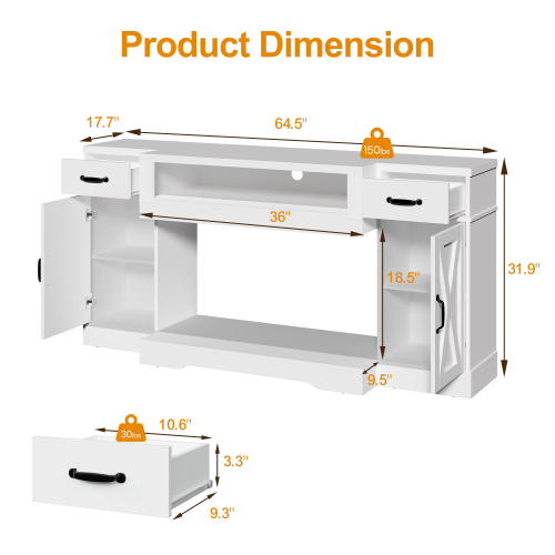 White Farmhouse 65 inch TV Stand with Adjustable Shelves and Storage