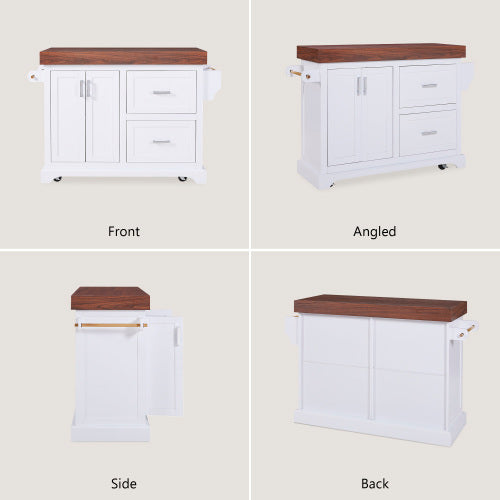 53 Inch Rolling Kitchen Island with Thick Top Drawers & Spice Rack White