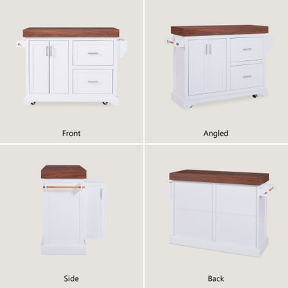 53 Inch Rolling Kitchen Island with Thick Top Drawers & Spice Rack White
