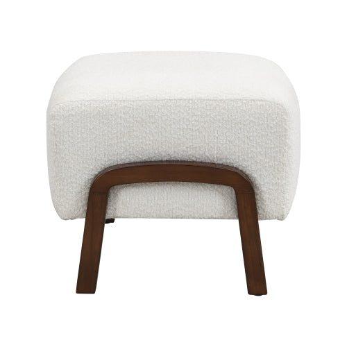 White Boucle Upholstered Ottoman with Solid Wood Legs, Contemporary Multifunctional Accent Footrest Stool