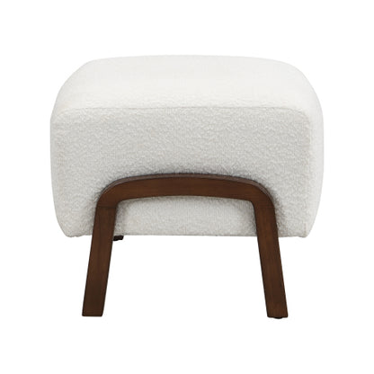 White Boucle Upholstered Ottoman with Solid Wood Legs, Contemporary Multifunctional Accent Footrest Stool