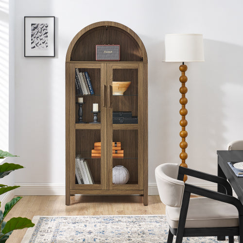 Brown High Arched LED Light Wooden Storage Cabinet Adjustable Glass Partition Modern Retro Home Multi-Functional Display Cabinet