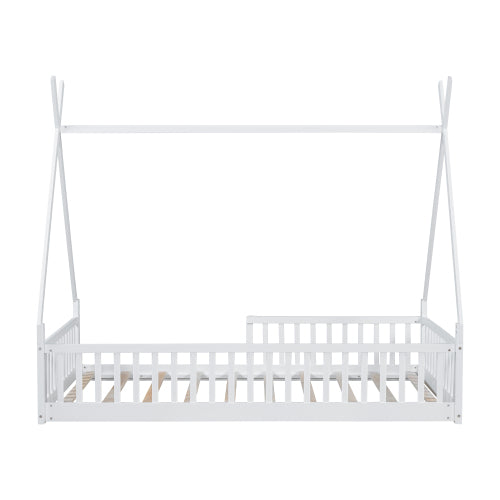 Twin Size Wood House Bed with Fence, White