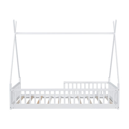 Twin Size Wood House Bed with Fence, White