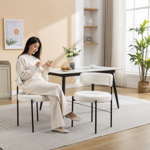2-Piece  Modern Round Boucle Dining Chairs, White Boucle Upholstered Side Chairs with Matte Black Iron Legs for Dining Room