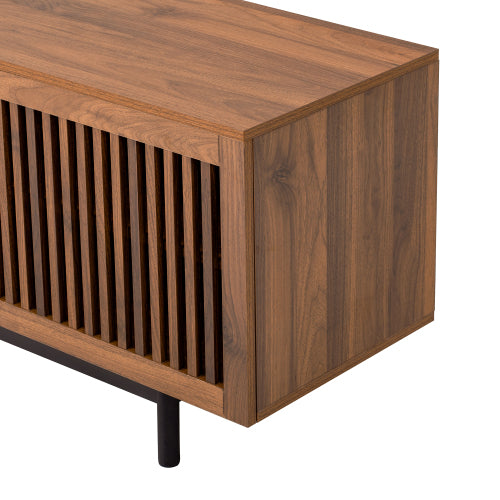 78.7 inch Walnut Slatted Door TV Stand Deep Drawers Solid Rubber Wood Legs Holds 85 inch TV
