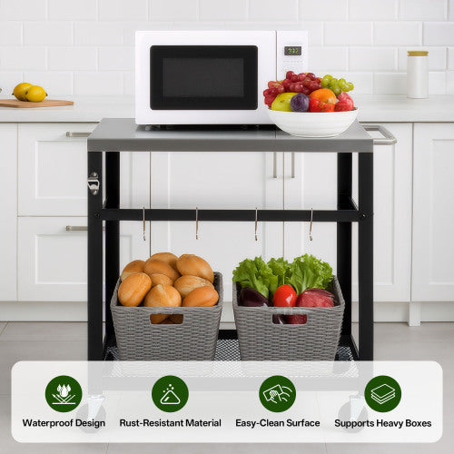 2-Tier Outdoor Grill Cart with Stainless Steel Top, Locking Wheels & Tool Hooks, Movable BBQ Prep Table with Mesh Shelf, Rolling Serving Bar Cart for Patio, Backyard, Pizza Oven Stand, Black