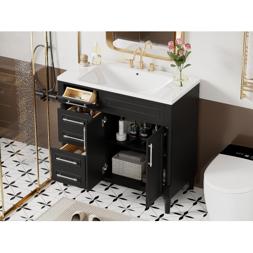 36'' Bathroom Vanity with Top Resin Sink, Freestanding Bathroom Storage Cabinet with 2 Drawers and a Tip-out Drawer, Solid Wood Frame Vanity Set, Height Adjustable Shelf