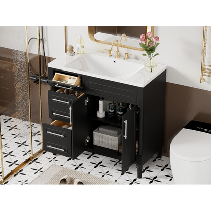 36'' Bathroom Vanity with Top Resin Sink, Freestanding Bathroom Storage Cabinet with 2 Drawers and a Tip-out Drawer, Solid Wood Frame Vanity Set, Height Adjustable Shelf