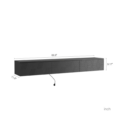 67 Inch Black Wall Floating LED TV Console 16 Color Ambient Light Wall Mount Media Cabinet for 65 Inch TV