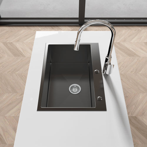 Stainless Steel Kitchen Sink, 27″x19″ Single Bowl, Overmount Handmade Sink in Black, with US Standard Drain and Hook, LS-SSBL01