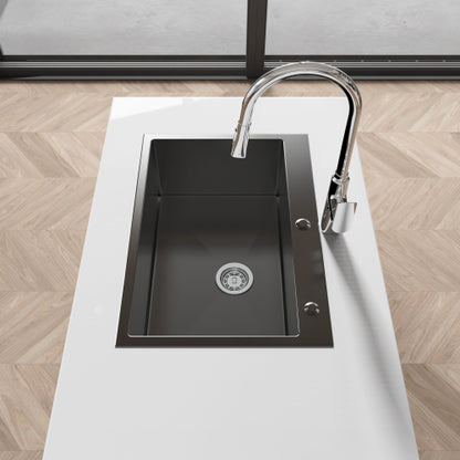 Stainless Steel Kitchen Sink, 27″x19″ Single Bowl, Overmount Handmade Sink in Black, with US Standard Drain and Hook, LS-SSBL01