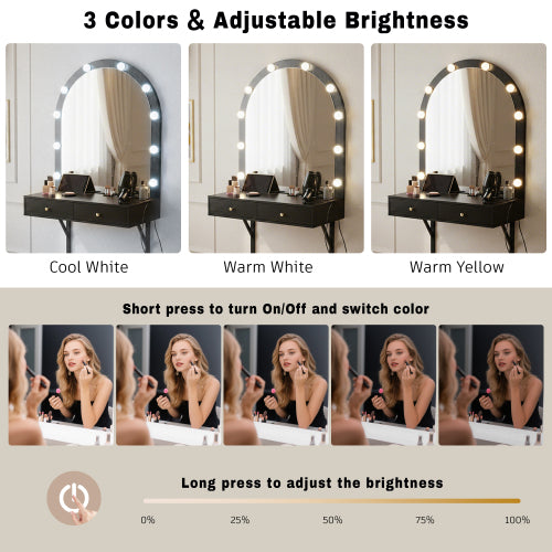 Black Floating Wall Mounted Vanity Desk with LED Mirror, 3 Color Lights, Power Outlet & USB, Large Storage