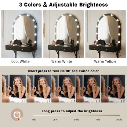 Black Floating Wall Mounted Vanity Desk with LED Mirror, 3 Color Lights, Power Outlet & USB, Large Storage