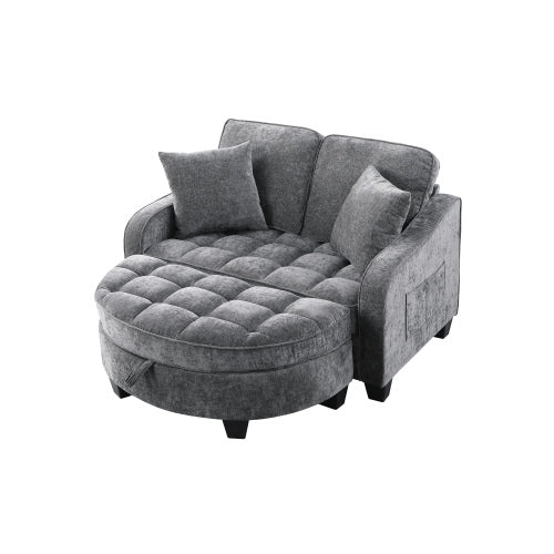 Gray 2-Seater Sofa with Irregular Arms, Storage Footrest & 2 Throw Pillows