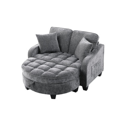Gray 2-Seater Sofa with Irregular Arms, Storage Footrest & 2 Throw Pillows
