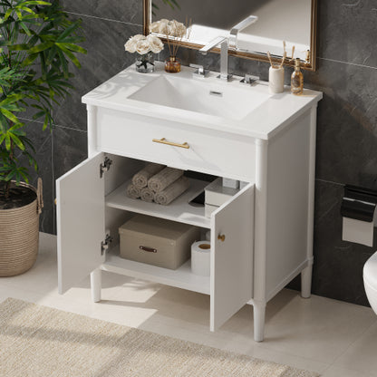 31" Bathroom Vanity with Sink, Bathroom Cabinet with Soft Close Doors and Adjustable Shelf, Curved Profile Design, Rubber Wood Legs, White