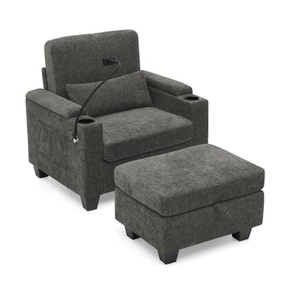 Gray Manual-Adjust Recliner Chair with USB, Storage & Ottoman