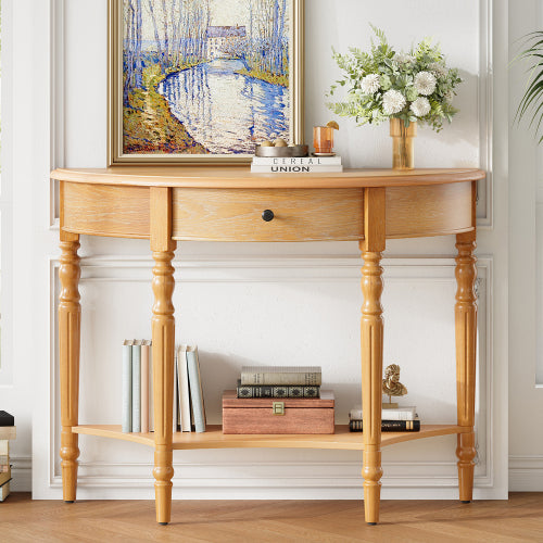Half Moon Console Table with Drawer & Shelf - Rustic Accent Table, Sofa Table for Entryway, Living Room, Hallway and Foyer (Natural)