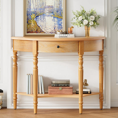 Half Moon Console Table with Drawer & Shelf - Rustic Accent Table, Sofa Table for Entryway, Living Room, Hallway and Foyer (Natural)