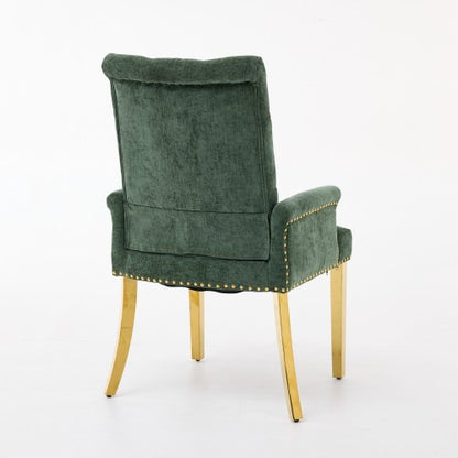 Tufted Chenille Dining Armchair with Nailhead Trim and Steel Legs, Olive Green